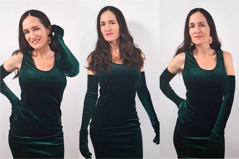 Vestido de terciopelo con guantes largos (patrones gratis)